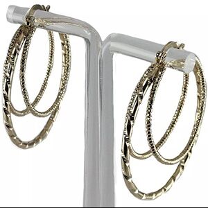 Earrings Hoop Gold Round Triple Diamond Cut Women 1.5"D 14K Yellow Gold Plated